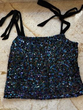 Free People Black Sequin Tie-Strap Tank Top